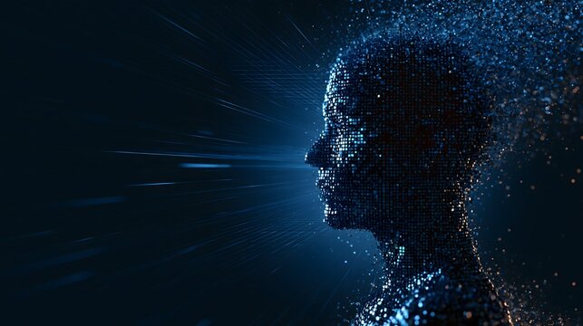 Profile of a human head constructed from glowing digital blocks dissolving into cyberspace representing artificial intelligence and mind uploading