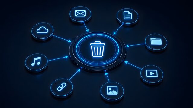 Central glowing blue neon trash can icon receiving data streams from various digital file format icons, symbolizing comprehensive system cleanup and data deletion.