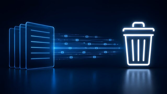 Stack of glowing blue neon digital document icons flowing as a data stream into a trash can, depicting bulk file deletion or automated document cleanup process.