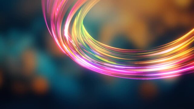 3D Render A mesmerizing display of vibrant light trails forming a dynamic circular shape that spirals outward and then curves back inward