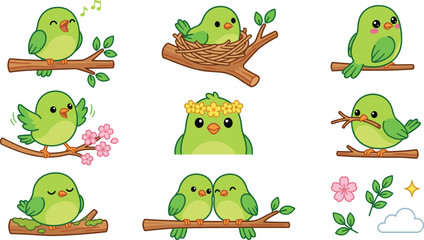 Obraz premium Cute Little Green Bird Vector Icon Set Featuring Cartoon Avian Characters Nesting Singing and Sitting on Tree Branches for Children Designs