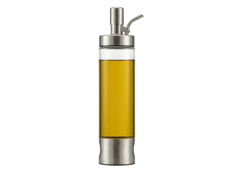 Botella dispensadora de aceite de oliva moderna, fabricada en vidrio transparente y acero inoxidable, llena de aceite dorado y aislada sobre fondo blanco.