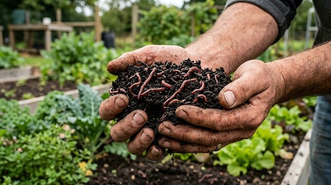 Farmer holding a handful of dark, rich compost with earthworms in a garden