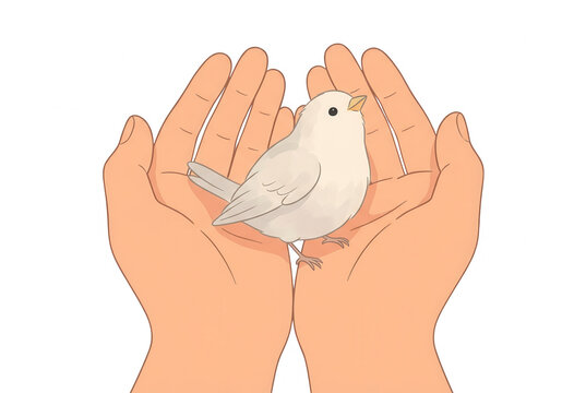 Ilustraci&oacute;n vectorial de un peque&ntilde;o p&aacute;jaro blanco posado suavemente sobre un par de manos humanas abiertas, simbolizando cuidado, protecci&oacute;n, paz y una conexi&oacute;n delicada con la naturaleza en estilo