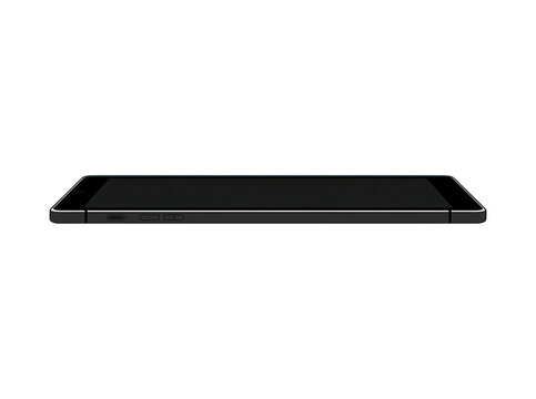 Vista lateral de una tableta electr&oacute;nica moderna de color negro con pantalla apagada, aislada sobre un fondo blanco puro, ideal para maquetas de dise&ntilde;o de interfaz de usuario y presentaciones