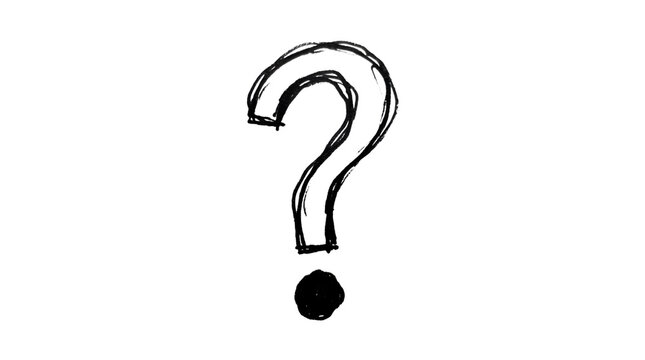 Hand-drawn question mark, a sketched black ink symbol on a clean white background, representing doubt, inquiry, and uncertainty, perfect for problem-solving concepts or FAQs.