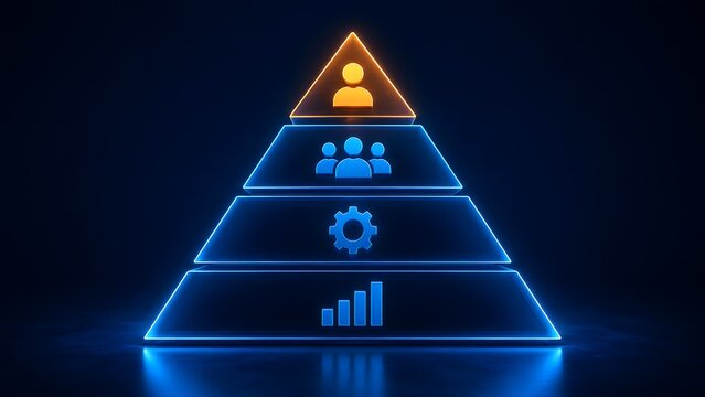 3D glowing business pyramid concept displaying a hierarchy of analytics, process, team, and leadership, symbolizing corporate growth, strategy, and management structure.
