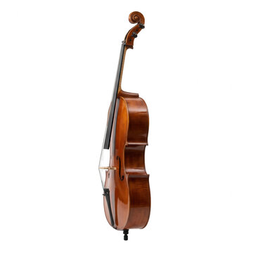 Vista lateral de un violonchelo cl&aacute;sico de madera con acabado brillante, aislado sobre un fondo blanco puro, destacando su elegante forma, el m&aacute;stil, las cuerdas y el puente de madera tallada a mano.