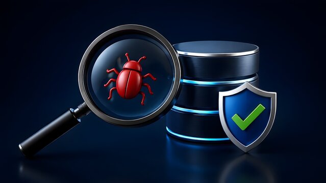 3D render of a magnifying glass revealing a red bug next to a secure server and checkmark shield, symbolizing malware detection, antivirus scanning, and database security.
