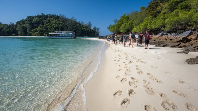 Enthusiastic tourists disembarking onto a pristine island in Langkawi, their footprints marking the golden sand as they explore the tropical paradise.