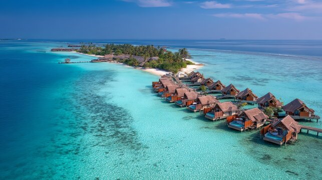 Aerial view of an exotic Maldives resort, with luxurious overwater villas stretching into the shimmering turquoise lagoon under a clear blue sky.
