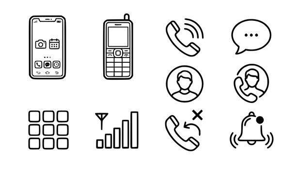 Business Communication Technology Black Line Vector Icon Collection with Smartphone, Mobile Phone, Call, Chat, Contact, Dial Pad and Signal