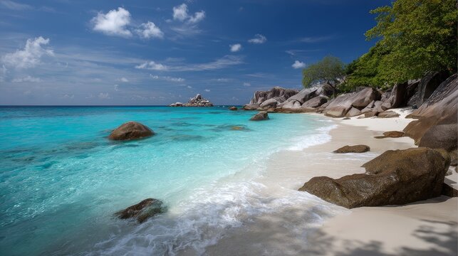 A serene beach in the Similan Islands, where powdery white sand meets the clearest blue water, with dramatic granite rock formations in the distance.