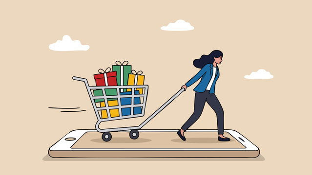 Woman pulling a shopping cart filled with colorful gift boxes on a large smartphone screen