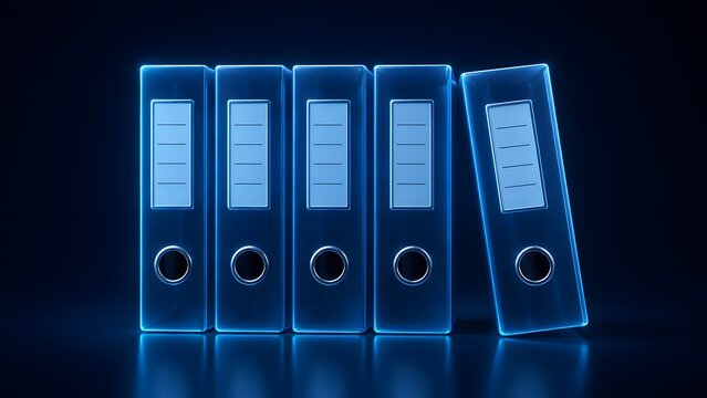 3D render of glowing blue neon binders in a row, representing digital archiving, electronic document storage, and corporate data organization.