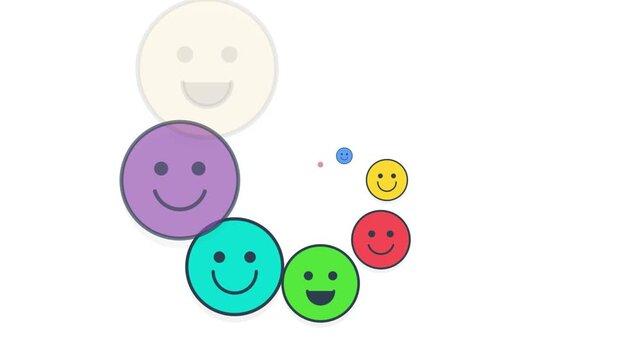 Minimalist animation of colorful smiley face emoticons moving in a spiral sequence on white background, representing positive mood, customer satisfaction, and cheerful feedback elements.