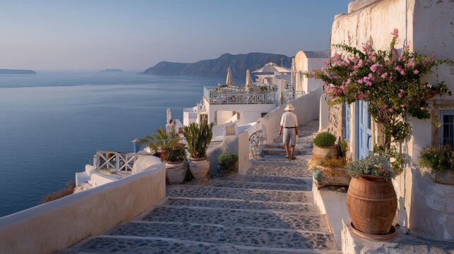 A tranquil morning in Oia, with soft sunlight illuminating the whitewashed buildings, as a lone traveler enjoys the peaceful atmosphere.