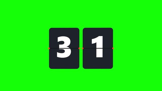 Retro flip clock countdown animation on green screen. Mechanical scoreboard style timer with white flipping numbers. Professional chroma key asset for video editing and time-limited concepts.