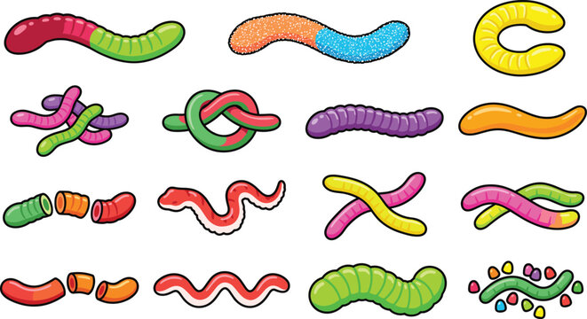 Gummy Worm Candy Icon Set Featuring Colorful Sweet Jelly Candies, Sour Sugar Coated Worms, Knotted Sweets, and Cut Pieces Vector Illustration