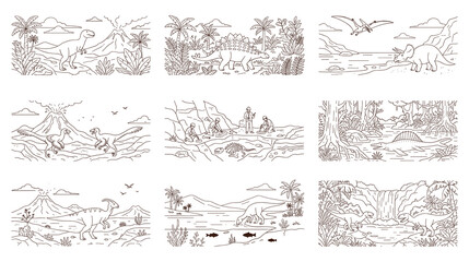 Prehistoric dinosaur landscape scenes in linear coloring book art. © SABIKUNNAHAR