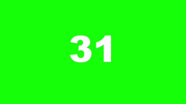 Numerical countdown timer with bold white digits on green screen background for chroma key compositing and video editing.