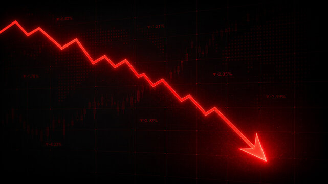 Red arrow pointing down on dark stock market chart