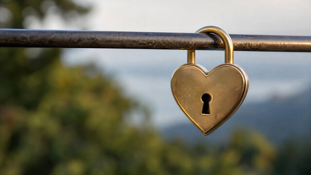 Heart shaped padlock on metal rail outdoors