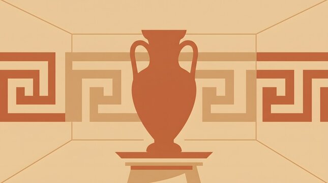 Flat minimalist generative AI vector illustration of an ancient Greek ceramic amphora silhouette, using warm terracotta and sand tones with clean geometric lines.
