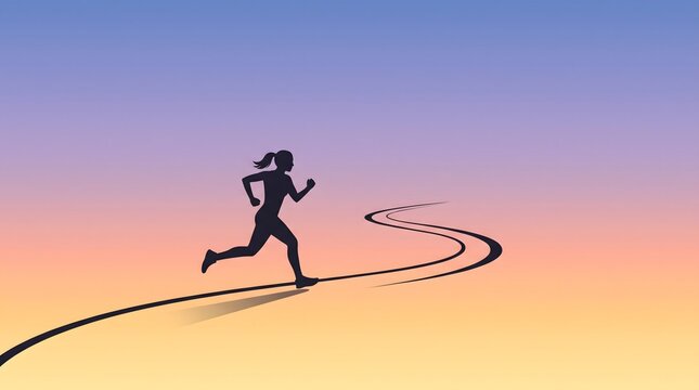 Flat minimalist generative AI vector illustration of a runner silhouette on a winding path, featuring clean geometric lines and a warm sunrise gradient for an active lifestyle concept.