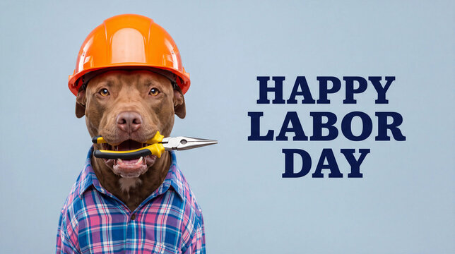 Labor Day greeting card with dog wearing hard hat