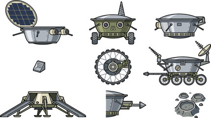 Space Rover and Mars Lander Vector Set with Robotic Exploration Vehicles, Moon Craters, Wheels, and Sci-Fi Technology Elements for Futuristic Designs © Faima