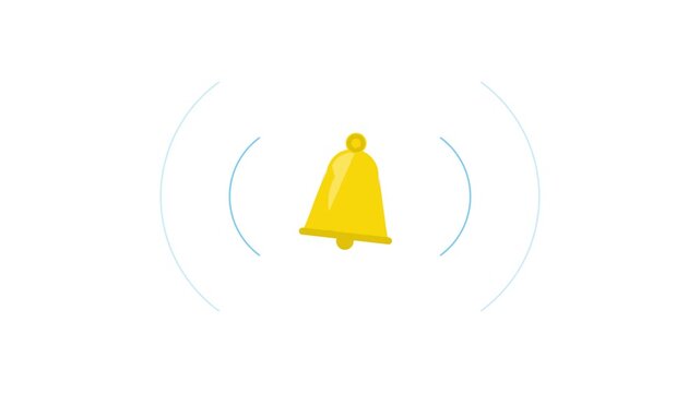 Minimalist yellow bell icon with blue sound waves on white background representing notification alert and digital reminder system for mobile applications.