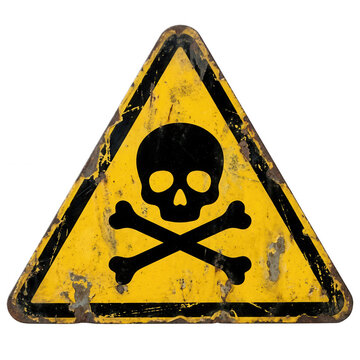Se&ntilde;al de advertencia triangular de metal amarillo con un s&iacute;mbolo de calavera y tibias cruzadas, mostrando una textura desgastada y oxidada sobre un fondo blanco aislado para seguridad industrial.