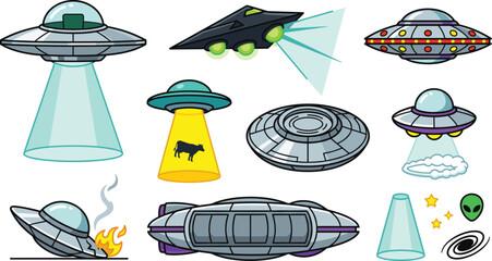 UFO Alien Spaceship Vector Icon Set Featuring Flying Saucers Abduction Light Beams Crashed Spaceships and Sci-Fi Outer Space Graphic Design Elements © Faima