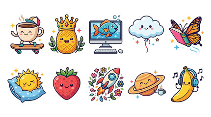 Fototapeta premium Whimsical vector set of adorable cartoon characters including a coffee cup on a skateboard, a crowned pineapple, and a banana with headphones.