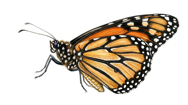 Ilustraci&oacute;n detallada de una mariposa monarca con alas de color naranja vibrante y patrones negros, vista de perfil sobre un fondo blanco puro, ideal para proyectos de dise&ntilde;o naturalista y educativo.