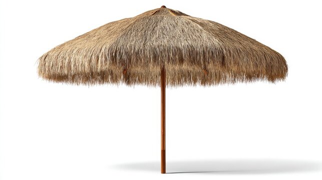 A classic straw beach umbrella with a wide, textured canopy, standing alone against a clean white background, highlighting its rustic tropical design.