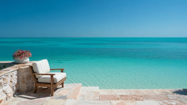 A breathtaking view from a private beachfront villa, where a cozy lounge chair overlooks the endless turquoise ocean under a cloudless sky.