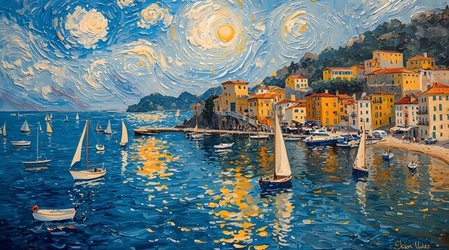 Impressionist coastal village harbor with sailboats under a swirling starry night sky