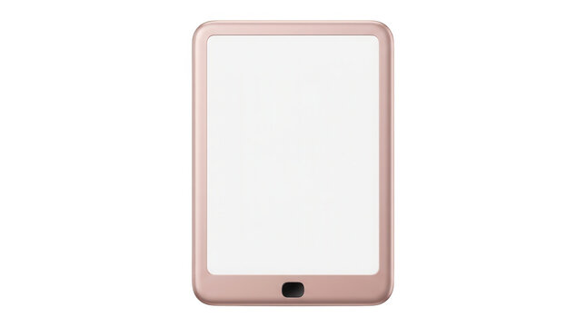 Dispositivo lector de libros electr&oacute;nicos de color oro rosa con pantalla en blanco aislada sobre fondo blanco, ideal para maquetas de dise&ntilde;o digital, interfaz de usuario y aplicaciones de lectura.