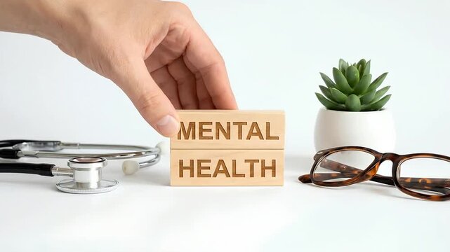 Hand placing wooden block with text mental health on desk near stethoscope for medical concept