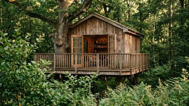 Luxury Wooden Treehouse Cabin in Forest