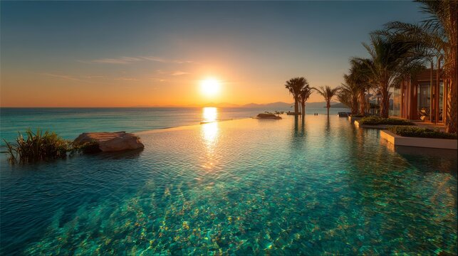 A dreamlike sunset by an infinity pool, where the golden sun casts a warm glow over the water, merging with the endless turquoise sea.