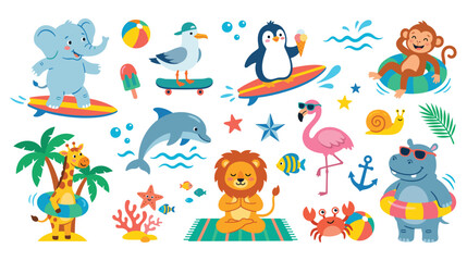 Obraz premium Cute summer animals vacation set in bright flat vector illustration.
