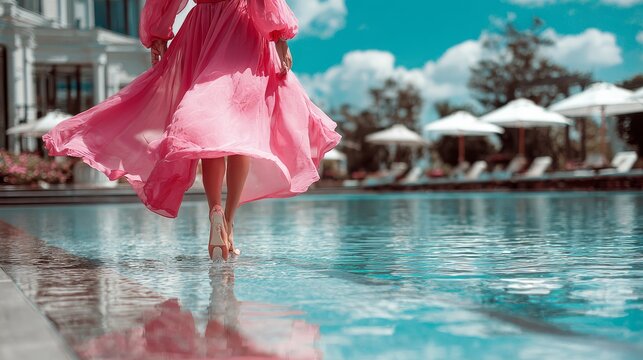 A stylish travel scene with a woman in a breezy pink dress enjoying the tranquility of a luxury poolside, her feet playfully disturbing the still water.