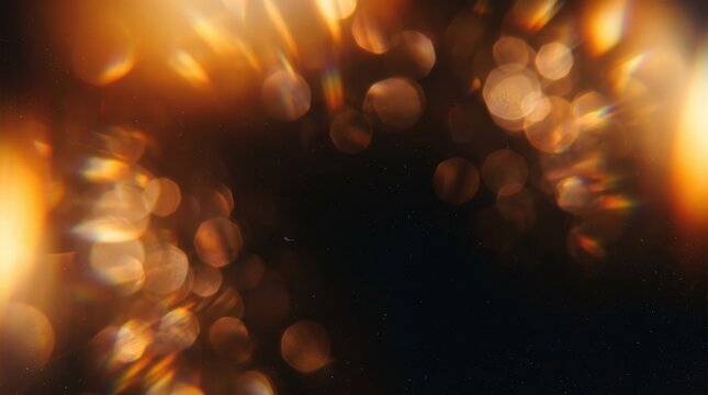 Golden light leaks and warm bokeh circles glowing against a dark black background. Golden light leaks creating a cinematic film overlay effect with lens flare and vintage dust texture.
