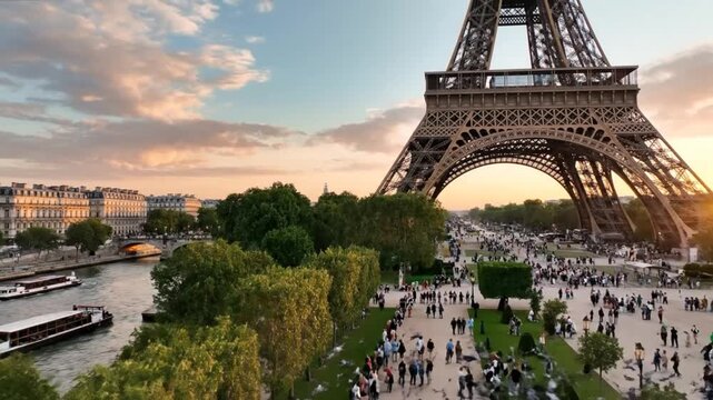 Eiffel Tower and Seine River at Sunset in Paris, France.