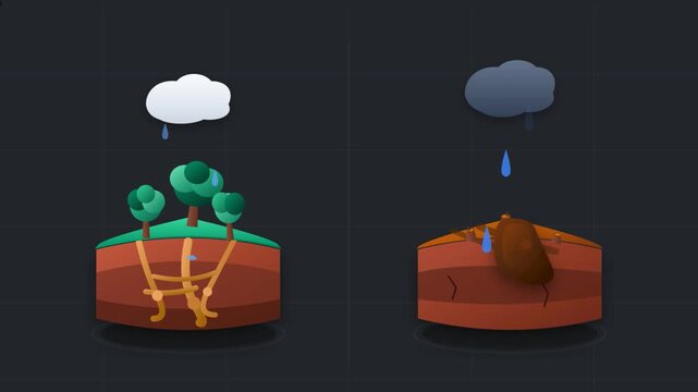 Animated comparison of healthy forest ecosystem and deforested land showing soil erosion and environmental impact
