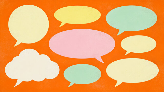 A collection of blank, colorful speech bubbles in various shapes and pastel hues, set against an orange background, suitable for communication and design projects.