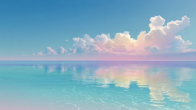 A dreamy tropical seascape illustration, where a soft gradient sky transitions into a calm, crystal-clear ocean, evoking a peaceful and relaxing atmosphere.